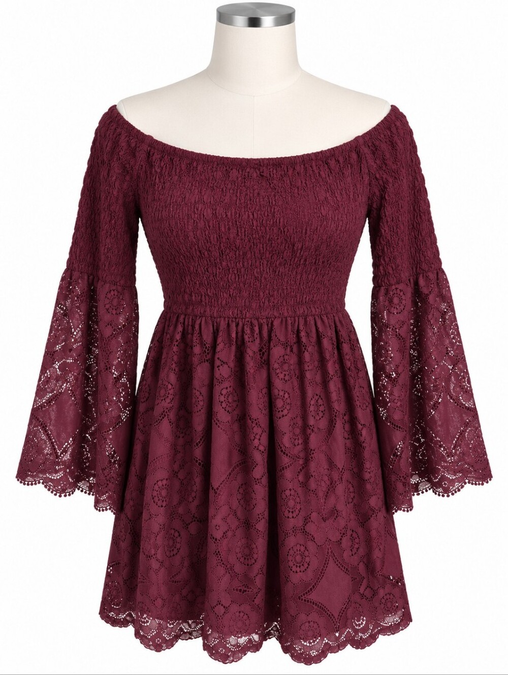 NWT Xhilaration Burgundy Lace Off Shoulder Dress Bell Sleeve Boho Smocked L